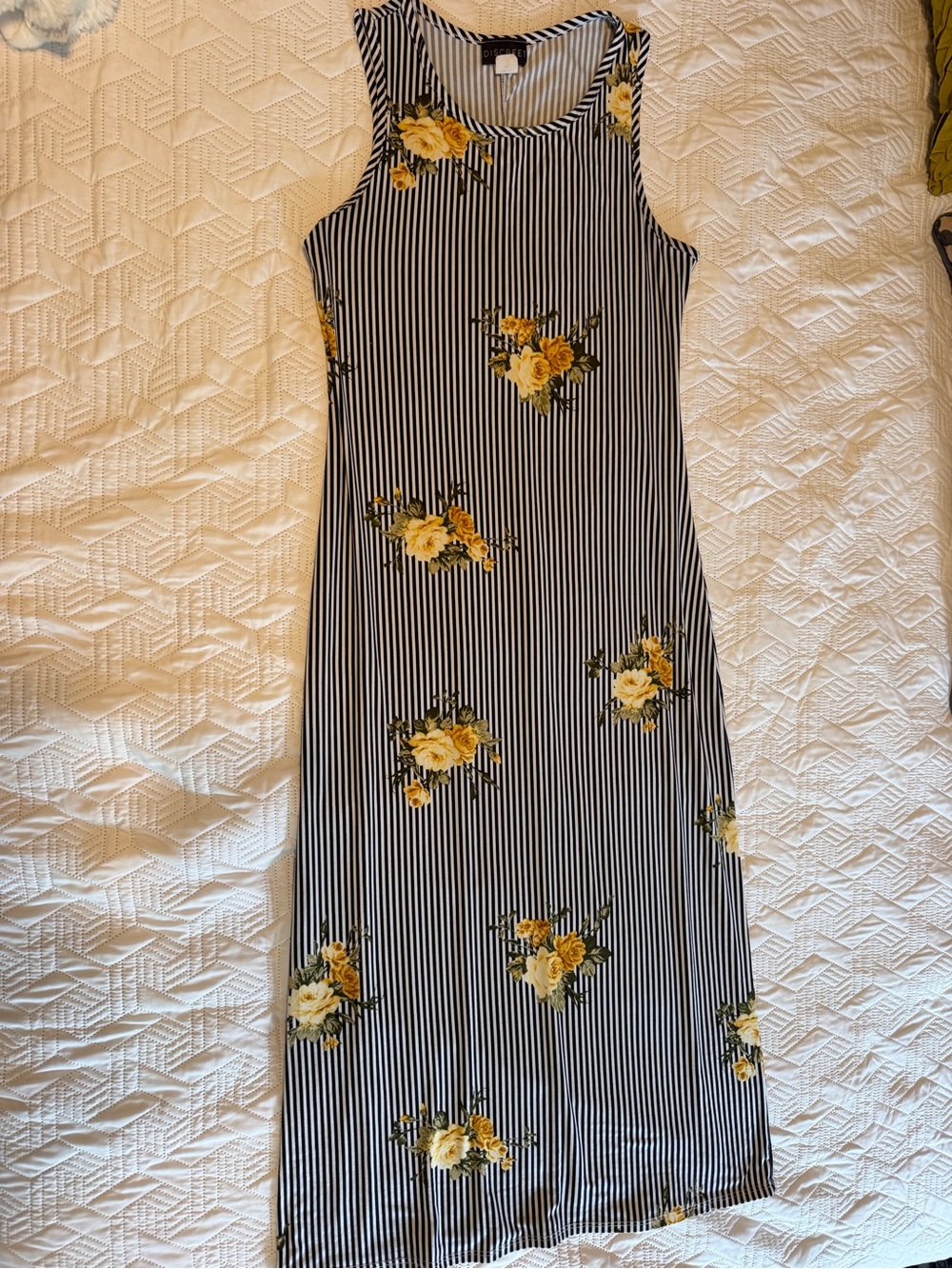 Discreet Black & White Striped Maxi Dress with Yellow Floral Clusters